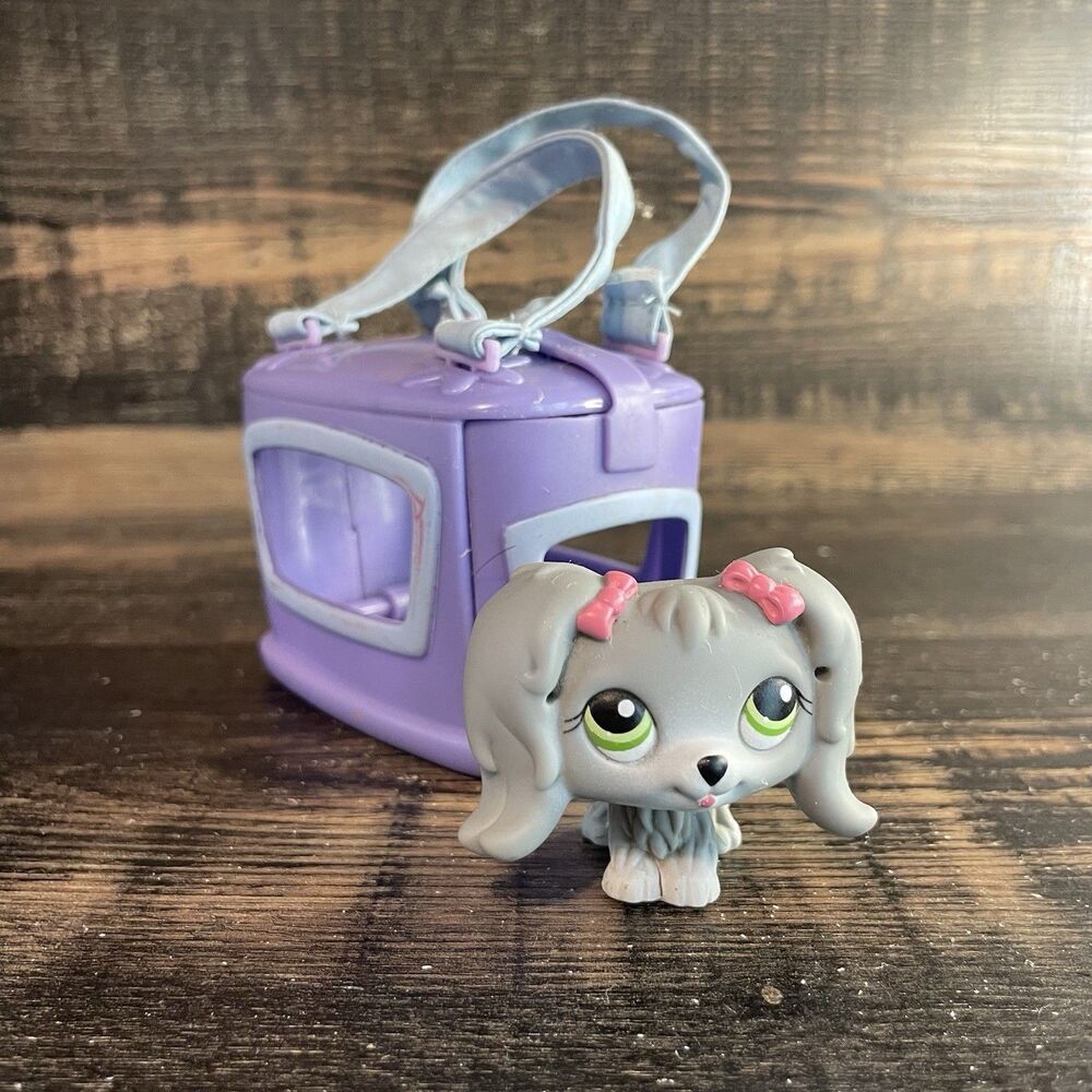 Hasbro Littlest Pet Shop LPS Grey Maltese #193 Green Eyes & Purple Carrier Set